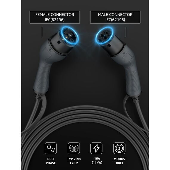 bokman Typ 2 Ladekabel, 11kW / 16A / 3-Phasig / 8 Meter/Modus 3, Typ 2 auf Typ 2 EV Ladekabel für Elektroauto mit Tragetasche und Mikrofasertuch