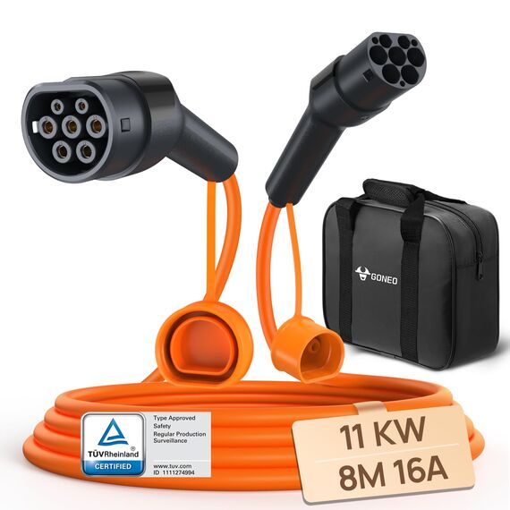 GONEO Typ 2 Ladekabel 11kW 16A 8M Ladekabel für Elektroauto Dreiphasen Schutzart IP54 und UL94 V-0 Modus 3 Versilberte Kontakte Halogenfrei Geeignet für EV PHEV BEV mit Tragetasche