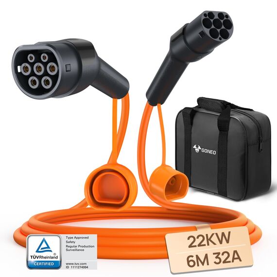 GONEO Typ 2 Ladekabel 22kW 32A 6M Ladekabel für Elektroauto Dreiphasen Schutzart IP54 und UL94 V-0 Modus 3 Versilberte Kontakte Halogenfrei Geeignet für EV PHEV BEV mit Tragetasche
