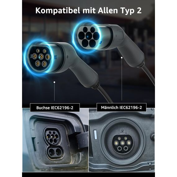 bokman Typ 2 Ladekabel, 22 kW / 32A / 3-Phasig / 10 Meter/Modus 3, Typ 2 auf Typ 2 EV Ladekabel für Elektroauto mit Tragetasche und Mikrofasertuch