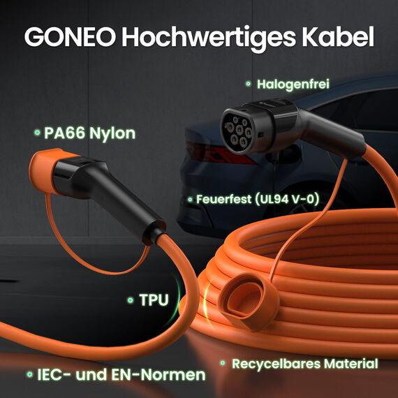 GONEO Typ 2 Ladekabel 11kW 16A 10M Ladekabel für Elektroauto Dreiphasen Schutzart IP54 und UL94 V-0 Modus 3 Versilberte Kontakte Halogenfrei Geeignet für EV PHEV BEV mit Tragetasche