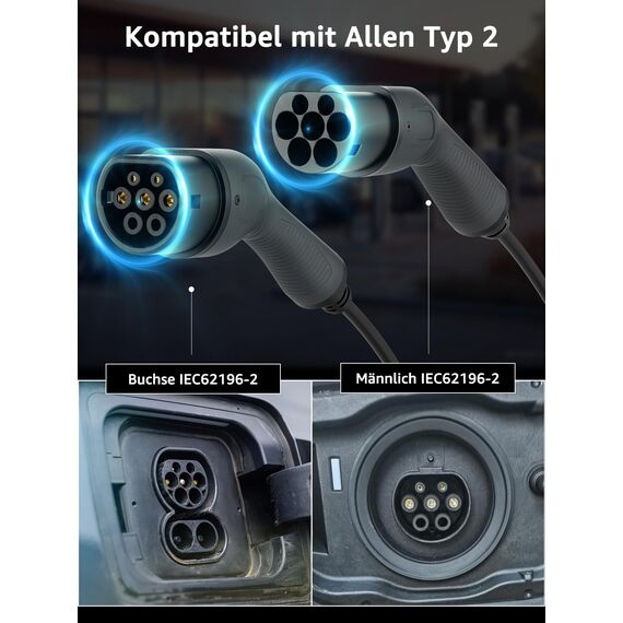 bokman Typ 2 Ladekabel, 11kW / 16A / 3-Phasig / 8 Meter/Modus 3, Typ 2 auf Typ 2 EV Ladekabel für Elektroauto mit Tragetasche und Mikrofasertuch