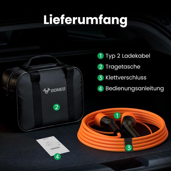 GONEO Typ 2 Ladekabel 22kW 32A 10M Ladekabel für Elektroauto Dreiphasen Schutzart IP54 und UL94 V-0 Modus 3 Versilberte Kontakte Halogenfrei Geeignet für EV PHEV BEV mit Tragetasche