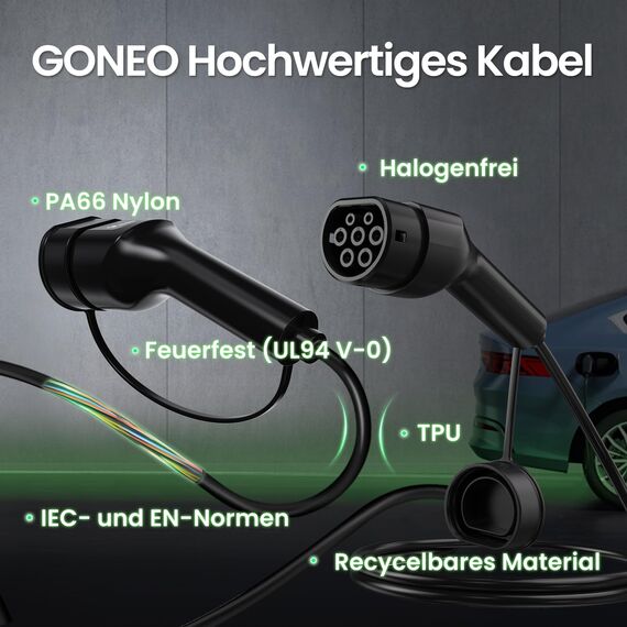 GONEO Typ 2 Ladekabel 22kW 7M 32A Ladekabel Elektroauto Typ 2 3 Phasig für E Auto EV/PHEV Modus 3 mit Tasche Geeignet für Model S/3/X/Y e-Golf ID.3 i3/i8