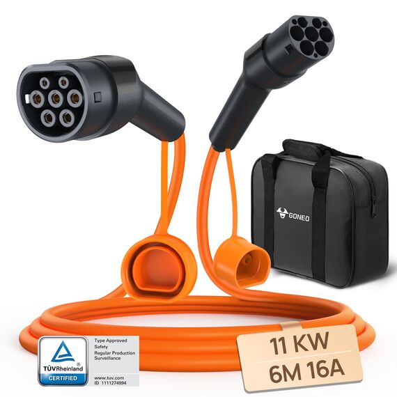 GONEO Typ 2 Ladekabel 11kW 16A 6M Ladekabel für Elektroauto Dreiphasen Schutzart IP54 und UL94 V-0 Modus 3 Versilberte Kontakte Halogenfrei Geeignet für EV PHEV BEV mit Tragetasche