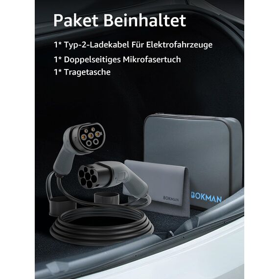 bokman Typ 2 Ladekabel, 11kW / 16A / 3-Phasig / 8 Meter/Modus 3, Typ 2 auf Typ 2 EV Ladekabel für Elektroauto mit Tragetasche und Mikrofasertuch