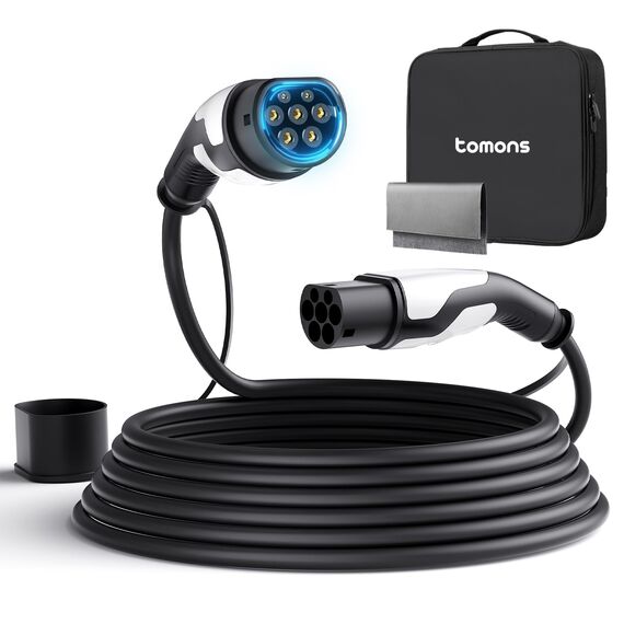 tomons Typ 2 Ladekabel, 22KW 10M 32A 3-Phasig,Elektroauto Typ 2 für EV/PHEV, Typ 2 auf Typ 2 EV mit Tragetasche und Mikrofasertuch für Model S/3/X/Y, ID.3, ID.4