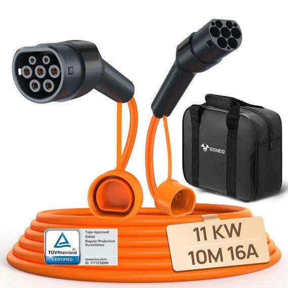 GONEO Typ 2 Ladekabel 11kW 16A 10M Ladekabel für Elektroauto Dreiphasen Schutzart IP54 und UL94 V-0 Modus 3 Versilberte Kontakte Halogenfrei Geeignet für EV PHEV BEV mit Tragetasche