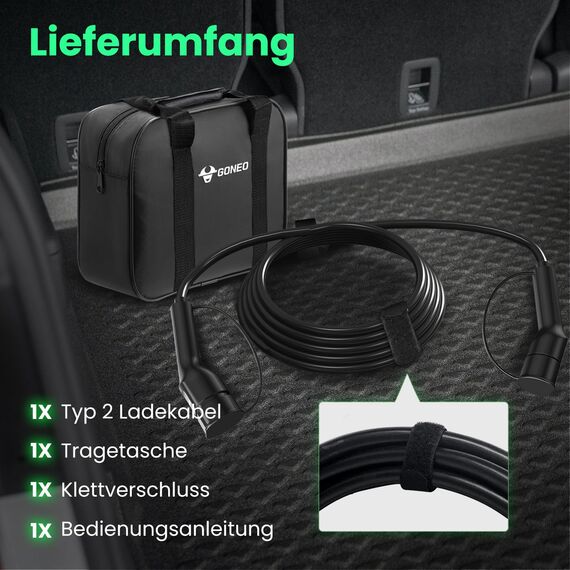GONEO Typ 2 Ladekabel 7,2kW 5M 32A Ladekabel Elektroauto 1-Phasig Mode 3 für E Auto EV/PHEV Typ 2 auf Typ 2/CSS2 mit Tragetasche