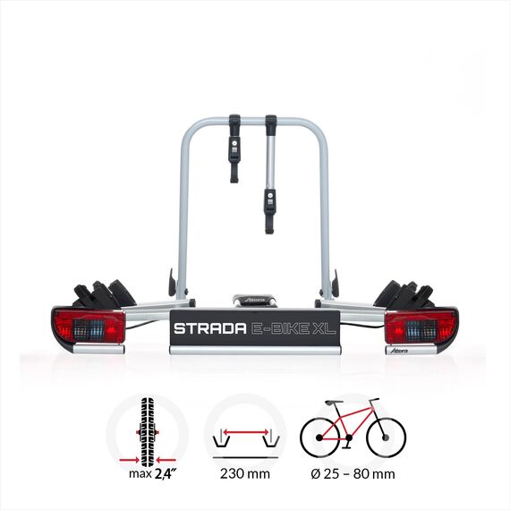 Atera 022696 PKW Fahrradträger Strada E-Bike XL, Auto-Kupplungsträger extrabreit mit Rückleuchten - für 2 Fahrräder, silber