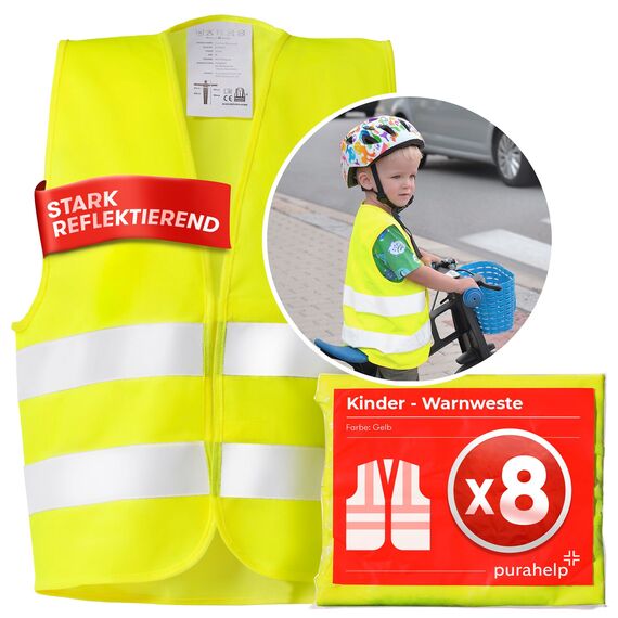 PURAHELP Warnweste Kinder (5-12 Jahre) Sicherheitsweste (8 Stück) für den Schulweg, Fahrrad, Auto - Reflektierende Warnweste Gelb