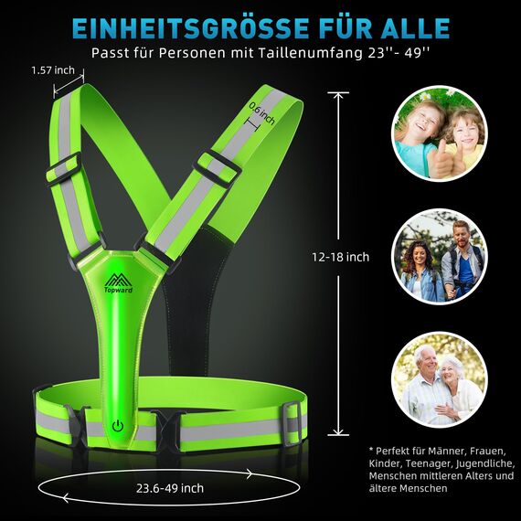 Topward Warnweste Sicherheitsweste für Fahrrad Auto Laufweste Joggen, High-Vis reflektierende Warnweste für optimale Sichtbarkeit, Damen Herren Kinder warnwesten, LEDs Tag und Nacht Motorrad Radfahren