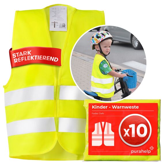 PURAHELP Warnweste Kinder (5-12 Jahre) Sicherheitsweste (10 Stück) für den Schulweg, Fahrrad, Auto - Reflektierende Warnweste Gelb