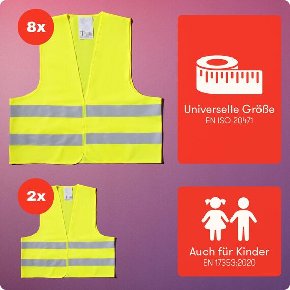 PURAHELP Warnwesten Auto 10er 8+2 Set Europaweit gültig nach EN ISO 20471 - Reflektierende Warnweste Auto inkl. Kinderweste - Sicherheitsweste Auto Warnweste Gelb - Warnschutzweste Sicherheitswesten