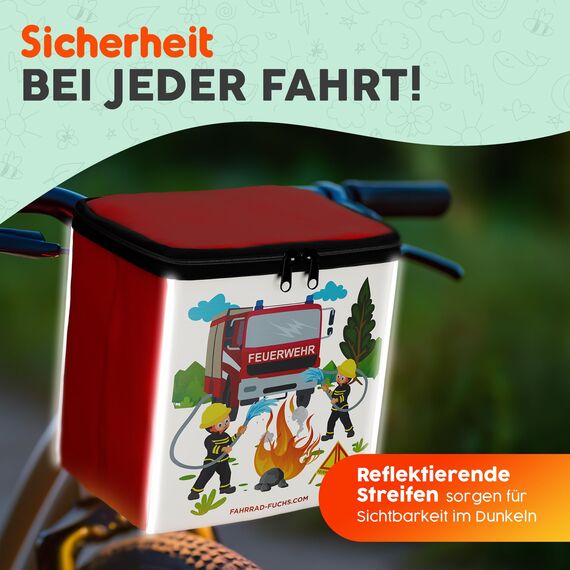 Lenkertasche Kinder Feuerwehr – Fahrradkorb Kinder vorne, Kinderfahrrad Korb vorne, Laufrad Korb, Fahrradtasche Lenker – wasserabweisend, kompatibel mit Woom Puky