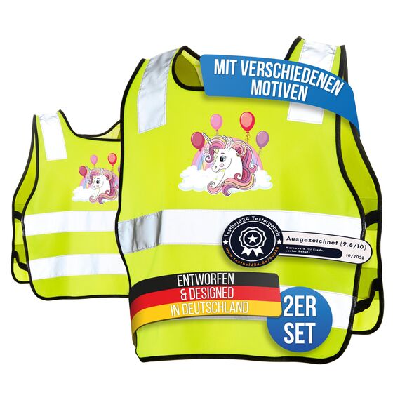 LAUTER SCHUTZ ® Warnweste Kinder (3-12 Jahre) Sicherheitsweste [2 Stück] für bessere Sichtbarkeit bei Tag und Nacht für Sport, Laufen, Fahrrad, Weg zur Schule & Auto (Reflektorweste - Einhorn)