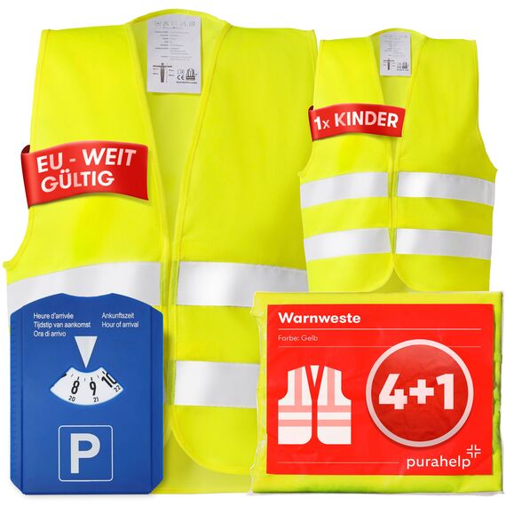 PURAHELP Warnwesten Auto 5er 4+1 Set Europaweit gültig nach EN ISO 20471 - Inkl. Parkscheibe - Reflektierende Warnweste Auto inkl. Kinderweste - Reflektierende Warnweste Auto