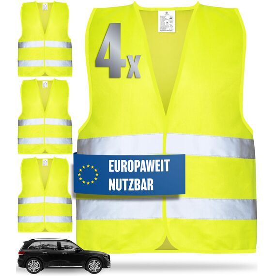 HELDENWERK Warnwesten Auto 4er Set Europaweit gültig nach aktueller Norm 2026 EN ISO 20471 - Reflektierende Warnweste Auto - Sicherheitsweste Gelb - Warnschutzweste - Auto Warnweste für Erwachsene