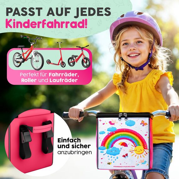 Lenkertasche Fahrrad Kinder - Regenbogen Pink - Fahrradtasche Lenker, Fahrradkorb Kinder Vorne, Korb Laufrad, Fahrradkorb Kinderfahrrad - wasserabweisend, universell passend