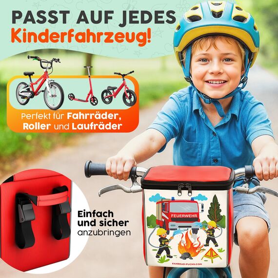 Lenkertasche Kinder Feuerwehr – Fahrradkorb Kinder vorne, Kinderfahrrad Korb vorne, Laufrad Korb, Fahrradtasche Lenker – wasserabweisend, kompatibel mit Woom Puky