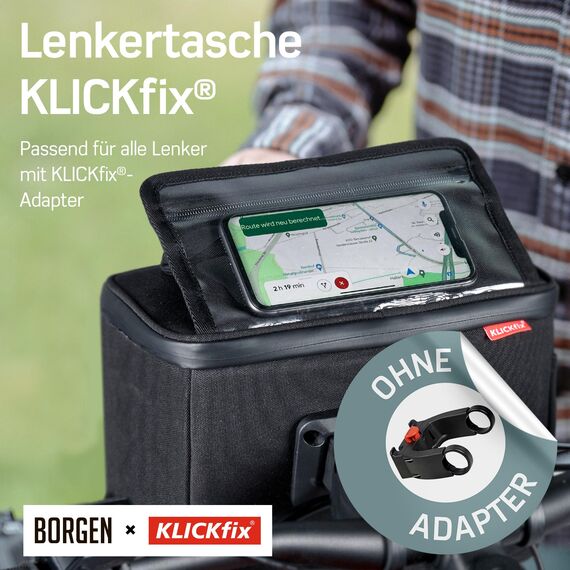 Borgen KLICKfix Lenkertasche Smartphone - Wasserabweisende und geräumige Fahrradlenkertasche 6 L - Fahrradtasche Lenker ebike - Fahrrad Lenkertasche Handy