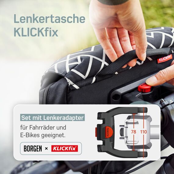 Borgen KLICKfix Lenkertasche Fahrrad - 5l Wasserabweisende und geräumige Fahrrad Lenkertasche - Bike Bag E-Bike, MTB, Citybike, Rennrad - 2in1 Tragetasche Dank abnehmbarem Gurt - Fahrradtasche Lenker