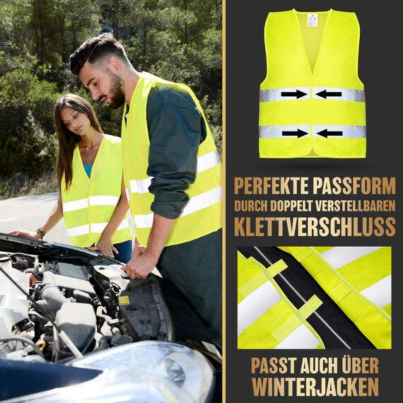 HELDENWERK Warnwesten Auto 4er Set Europaweit gültig nach aktueller Norm 2026 EN ISO 20471 - Reflektierende Warnweste Auto - Sicherheitsweste Gelb - Warnschutzweste - Auto Warnweste für Erwachsene