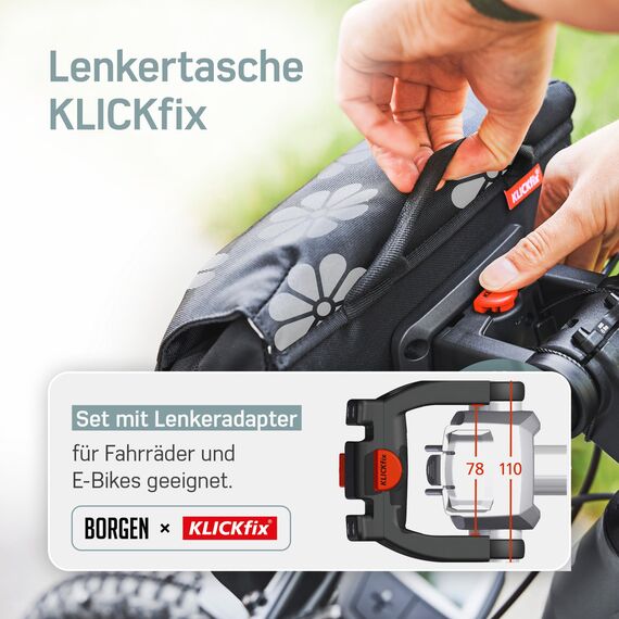 Borgen KLICKfix Lenkertasche Fahrrad - 5l Wasserabweisende und geräumige Fahrrad Lenkertasche - Bike Bag E-Bike, MTB, Citybike, Rennrad - 2in1 Tragetasche Dank abnehmbarem Gurt - Fahrradtasche Lenker
