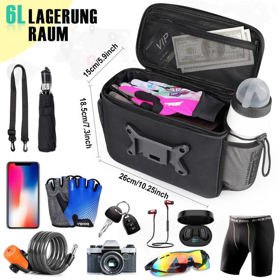 HASAGEI Fahrradtasche,Lenkertasche Fahrrad,mit Lenkeradapter FüR Fahrrad,Ebike und ElektrofahrräDer, 6L Fahrradkorb Vorne,Wasserdicht Lenkertaschen