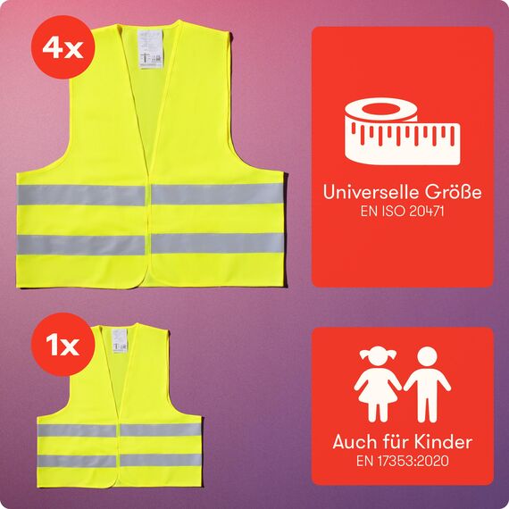 PURAHELP Warnwesten Auto 5er 4+1 Set Europaweit gültig nach EN ISO 20471 - Reflektierende Warnweste Auto inkl. Kinderweste - Sicherheitsweste Auto Warnweste Gelb - Warnschutzweste Sicherheitswesten