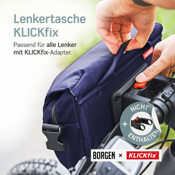 Borgen KLICKfix Lenkertasche Fahrrad - 5l Wasserabweisende und geräumige Fahrrad Lenkertasche - Bike Bag E-Bike, MTB, Citybike, Rennrad - 2in1 Tragetasche Dank abnehmbarem Gurt - Fahrradtasche Lenker