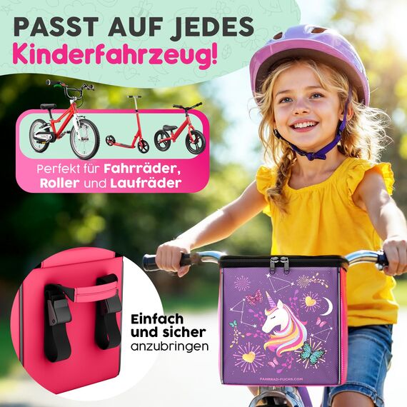 Lenkertasche Kinder Einhorn – Fahrradkorb Kinder vorne, Kinderfahrrad Korb vorne, Laufrad Korb, Fahrradtasche Lenker – wasserabweisend, kompatibel mit Woom Puky