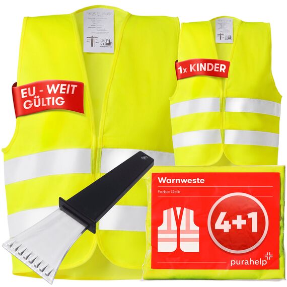 PURAHELP Warnwesten Auto 5er 4+1 Set Europaweit gültig nach EN ISO 20471 - Inkl. Eiskratzer - Reflektierende Warnweste Auto inkl. Kinderweste - Reflektierende Warnweste Auto