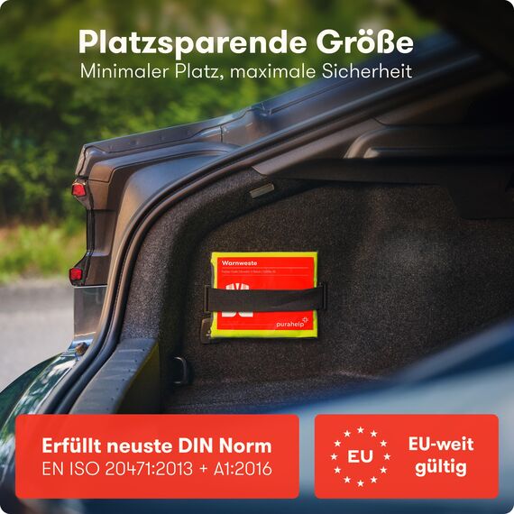 PURAHELP Warnwesten Auto 5er 4+1 Set Europaweit gültig nach EN ISO 20471 - Reflektierende Warnweste Auto inkl. Kinderweste - Sicherheitsweste Auto Warnweste Gelb - Warnschutzweste Sicherheitswesten