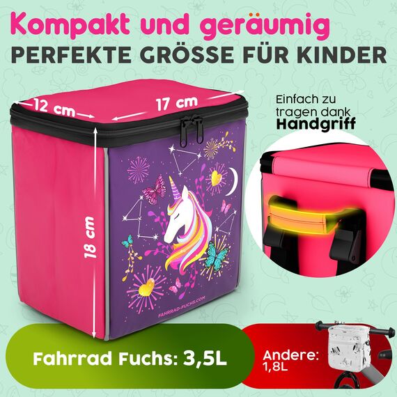 Lenkertasche Kinder Einhorn – Fahrradkorb Kinder vorne, Kinderfahrrad Korb vorne, Laufrad Korb, Fahrradtasche Lenker – wasserabweisend, kompatibel mit Woom Puky