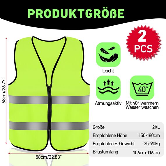 Aerzouser 2 Stück Warnwesten Auto, Zipper Warnweste, Warnwesten mit Reißverschluss, Sicherheitsweste auto für Nächtliche Verkehrsprobleme, Ausgestattet mit Hochwertigen Reflexstreifen