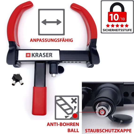 KRASER KR820 Hohe Sicherheit Radkralle Wohnwagen, Testsieger Parkkralle mit Anti-Bohrschloss Wegfahrsperre, Reifenkralle, Diebstahlsicherung Universal für Auto PKW Wohnmobile Anhänger Motorrad