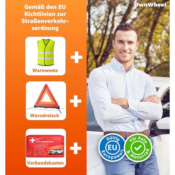OwnWheel 3 in 1- Set KFZ Pannenset geprüft 2026 & Autozubehör - Auto Erste Hilfe Set mit Verbandskasten & Warnweste & Warndreieck für StVO