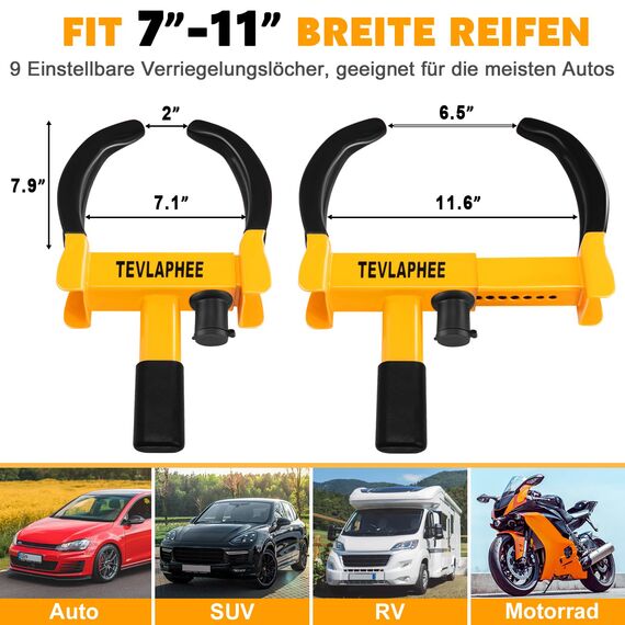 Tevlaphee Radkralle Parkkralle mit Sicherheitsschloss und 3 Schlüsseln für PKW Wohnwagen Anhänger Reifenkralle Wegfahrsperre Diebstahlsicherung (Schwarz & Gelb)