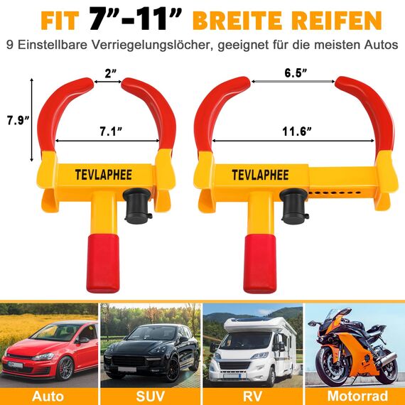 Tevlaphee 2er-Pack Radkralle Parkkralle mit Sicherheitsschloss und 6 Gleiche Schlüsseln für PKW Wohnwagen Anhänger Reifenkralle Wegfahrsperre Diebstahlsicherung(Rot-Gelb-2 Packung)