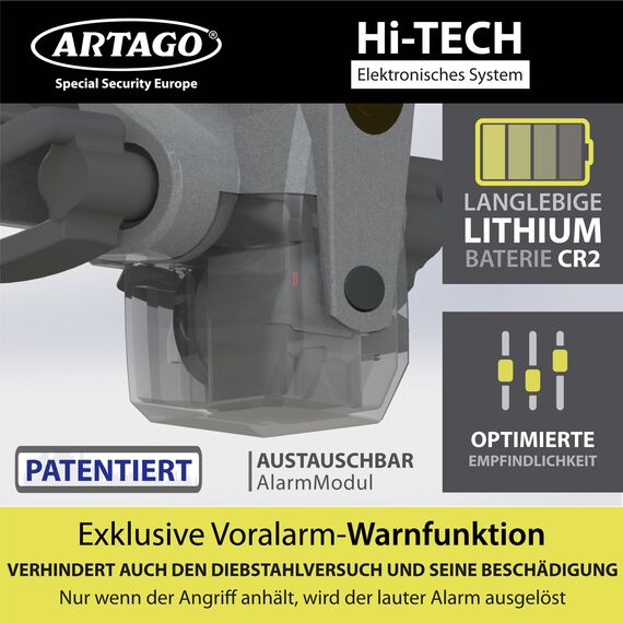 ARTAGO 870 Hochwertige Lenkradkralle 2in1 Ohne/Mit Alarm 120dB+LED, Sicherer und Abschreckender Lenkradsperre um die Lenkradspeiche, Fortschrittlichste Lenkradschloss zur Auto-Diebstahlsicherung