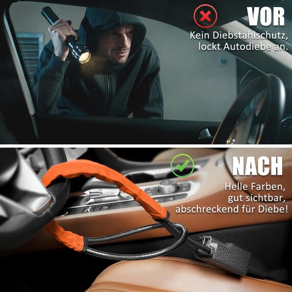 Tevlaphee Lenkradkralle Aufgerüstetes, Lenkradschloss für Auto, Metallkopf, Sichtbares Auto-Diebstahlschutzgerät, Robuste Ausführung, Universelle Passform, 3 Schlüssel (Orange)