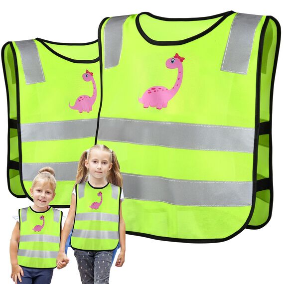 2 Stück Warnweste Kinder,Sicherheitsweste Kinder,Atmungsaktiv Und Universal Größe,Leichte Warnweste Kinder Reflektorweste,Ideal für Schulen,Sport und die Sicherheit von Mädchen-Rosa Dinosaurier