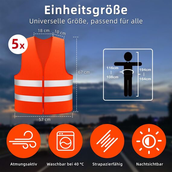 Brovamo Warnweste orange, warnwesten Auto 5er, Warnweste Auto, Warnweste Erwachsene Kinder, Sicherheitsweste Auto，für Auto, Motorrad, Fahrrad