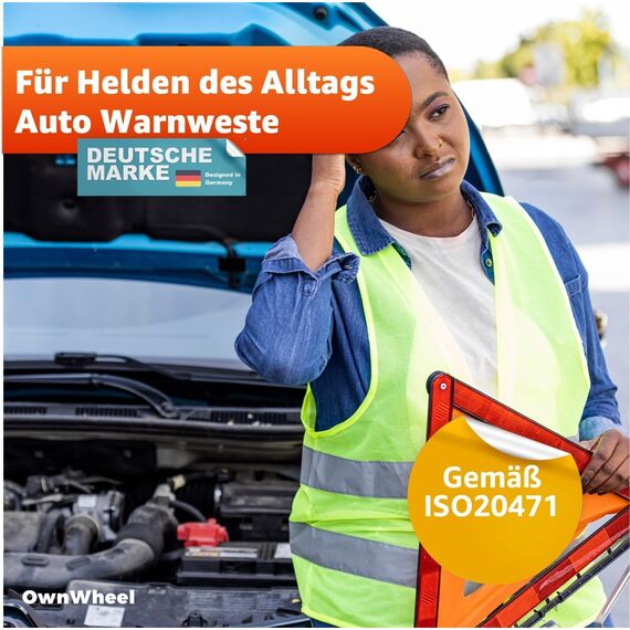 OwnWheel 2X Warnweste Auto ISO20471-2026: gelb - reflektierende Sicherheitsweste für PKW & LKW - Notfall & Pannenwesten
