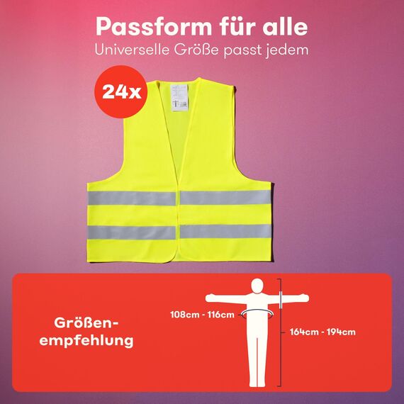 PURAHELP Warnwesten Auto 24er Set - Europaweit gültig nach EN ISO 20471 - Reflektierende Sicherheitsweste Auto Warnweste Gelb - Warnschutzweste für Erwachsene