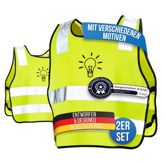 LAUTER SCHUTZ ® Warnweste Kinder (3-12 Jahre) Sicherheitsweste [2 Stück] für bessere Sichtbarkeit bei Tag und Nacht für Sport, Laufen, Fahrrad, Weg zur Schule & Auto (Reflektorweste - Glühbirne)