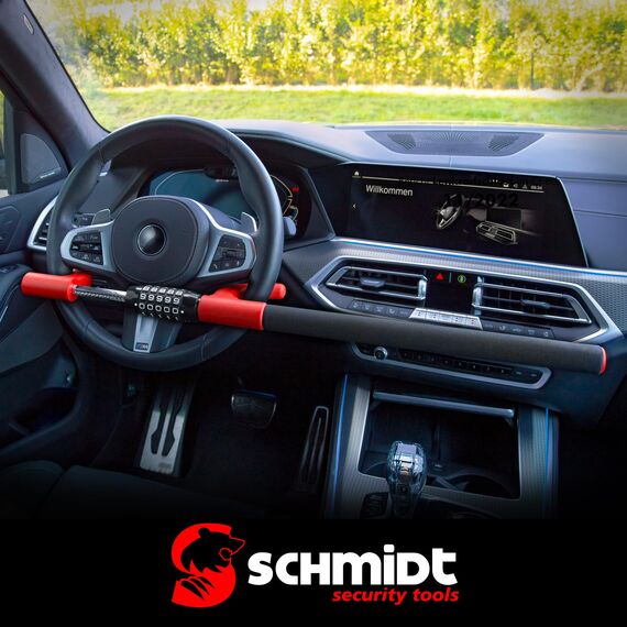 SCHMIDT security tools Lenkradkralle, Extra Langes Lenkradschloss, Wegfahrsperre, PKW Diebstahlschutz, Lenkradsperre mit schlüssellosem Zahlenschloss für Auto, Wohnmobil & LKW