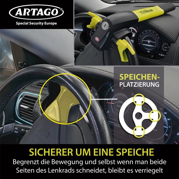 ARTAGO 870 Hochwertige Lenkradkralle 2in1 Ohne/Mit Alarm 120dB+LED, Sicherer und Abschreckender Lenkradsperre um die Lenkradspeiche, Fortschrittlichste Lenkradschloss zur Auto-Diebstahlsicherung