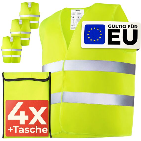Prowiste 4 Warnwesten Auto Set mit Tasche – Europaweit gültig nach EN ISO 20471 - Stark Reflektierende Warnweste – Sicherheitsweste Gelb Warnschutzweste - KFZ Auto Zubehör - Safety Vest